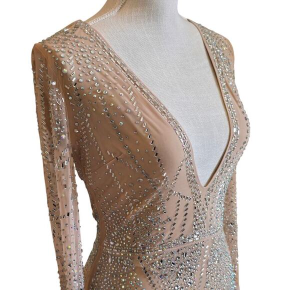 Woman's Tan Embellished Feather Trim Mini Dress Sz. S/M - Picture 4 of 7